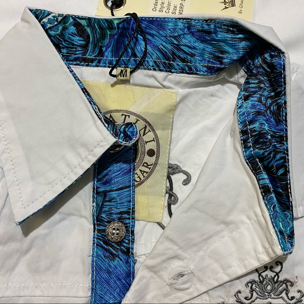 Platini Men’s Embroidered Button Down Shirt w/ Paisley Pattern Trim Sz M  White - Picture 6 of 10